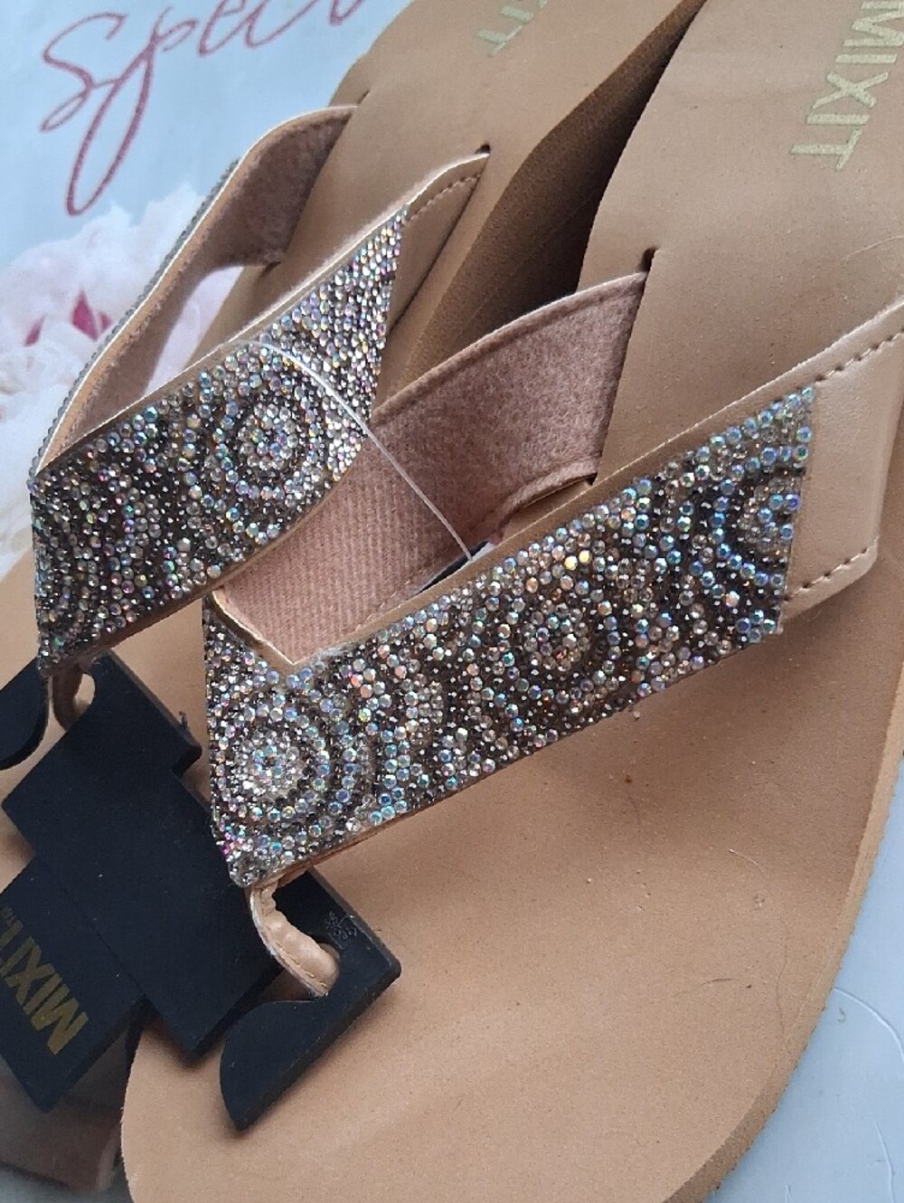 Mixit Tan Bling Rhinestone Wedge Sandals - Picture 2 of 5